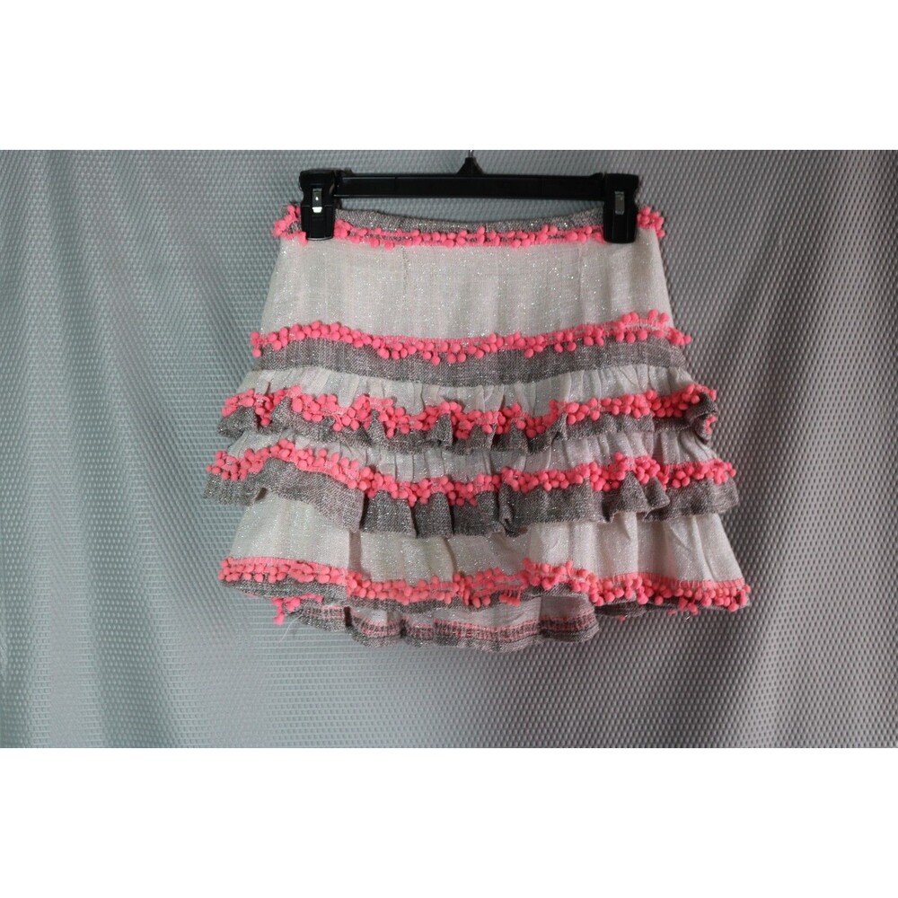 Tularosa Sz XS Pink Ivory Gray Ruffled Pom-Pom Dolly Ballina Stripe Skirt